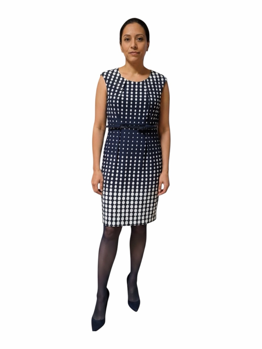 Connected Apparel Navy and White Polka Dot Midi Sheath Dress